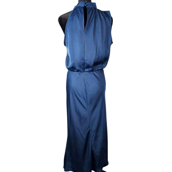 Elegant Womens Navy Satin Halter Neck Midi Dress Keyhole Pearl Size S Wedding - Picture 5 of 12